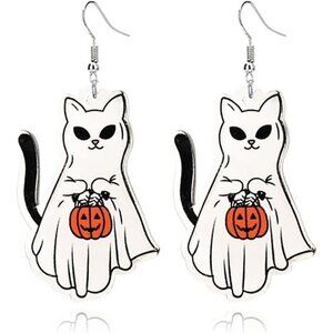 Women White Halloween Cute Ghost Pumpkin Cartoon Cat Spider Acrylic Fun Earrings